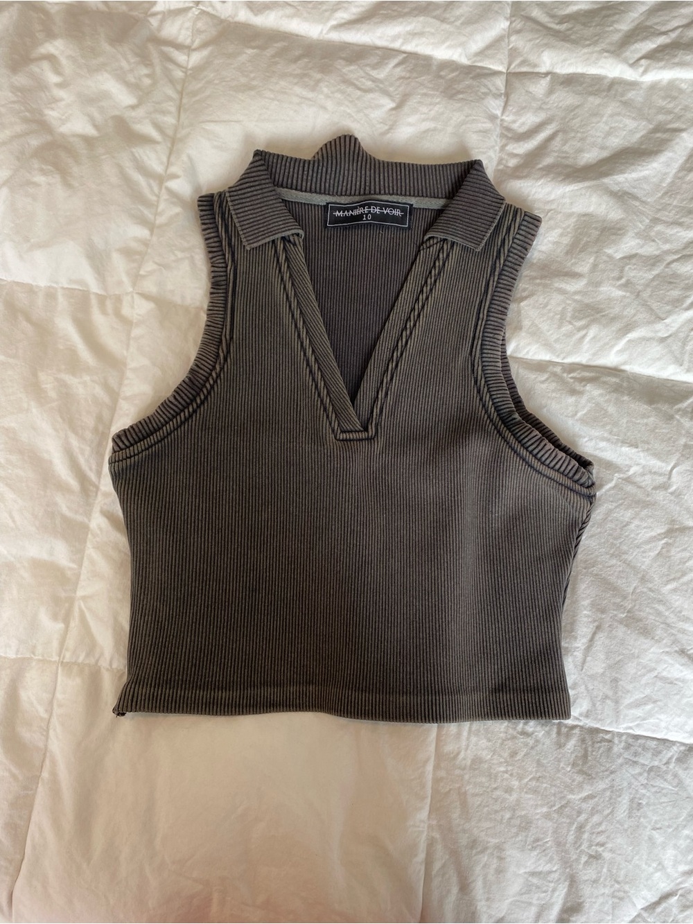 Sleeveless Rib Knit Polo Tank Top - Dark Olive